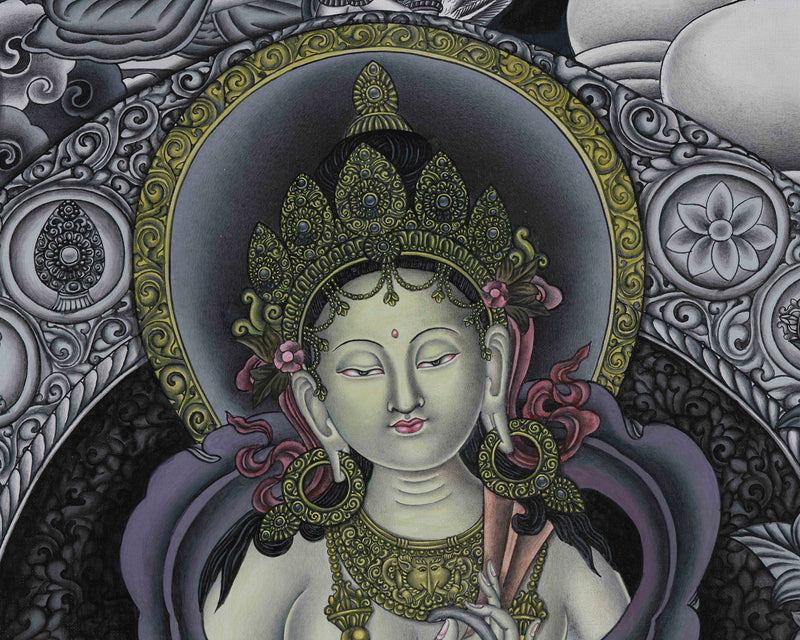 Signature Green Tara Thangka | Distinctive Blend of Color and Monochrome Serenity