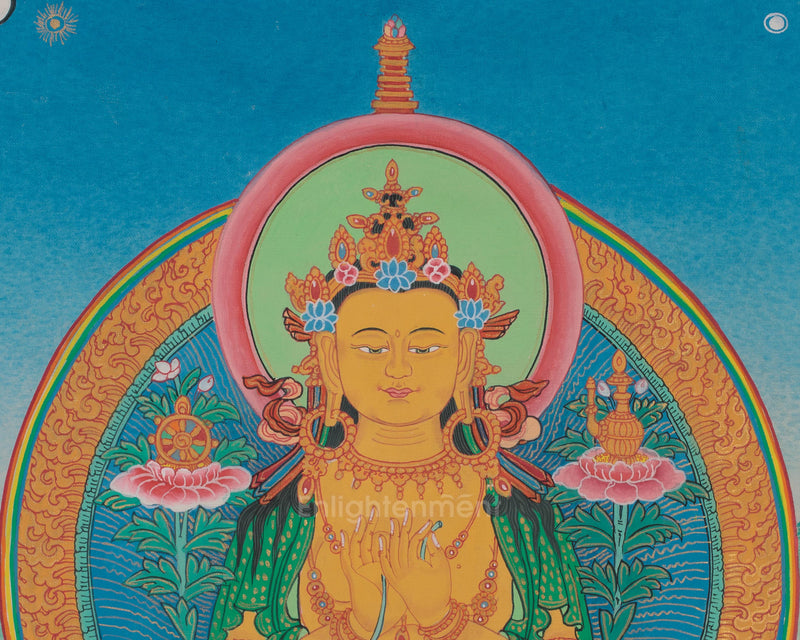 Future Buddha Maitreya Thangka | Sacred Art with Blue and Red Silk Brocade