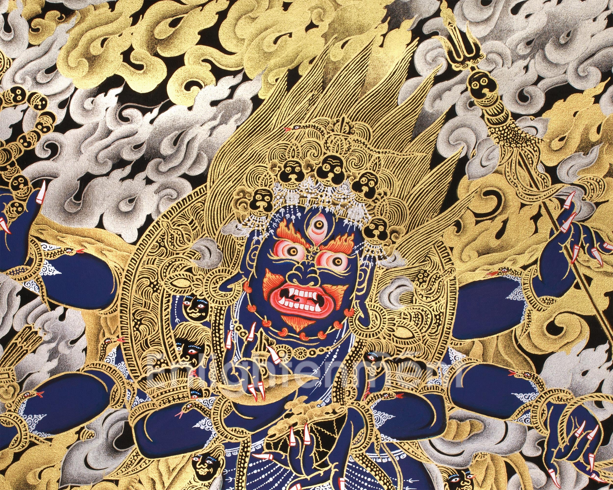 Wrathful Mahakala with Dharma Protectors | Divine Guardian Thangka | Gold and Silver on Black Canvas