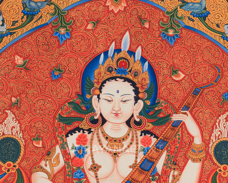 Maa Saraswati Thangka | Digital Canvas Print of Paubha Painting