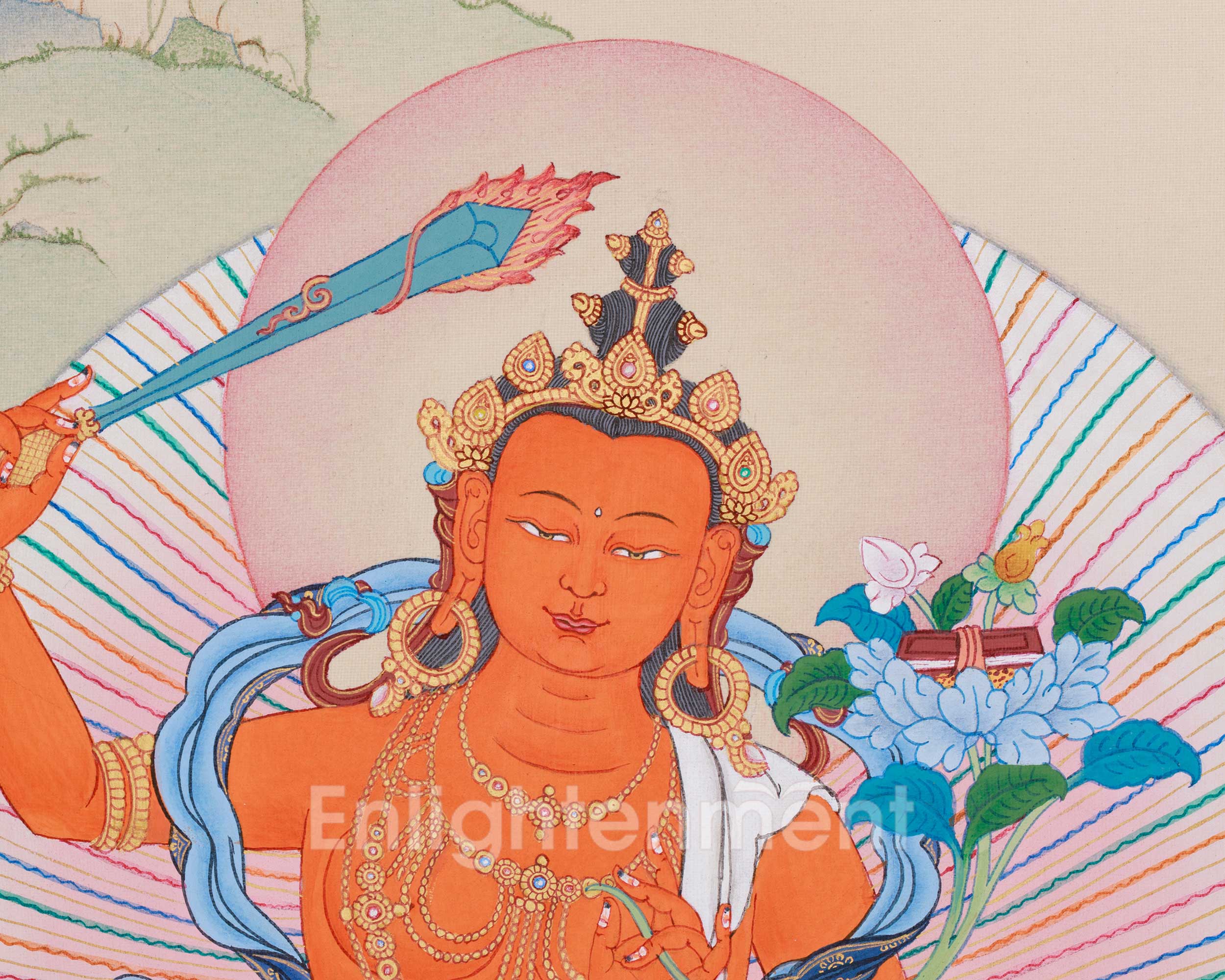 Trio Bodhisattva Thangka: Manjushri, Chenrezig, and Vajrapani | Tibetan Buddhism