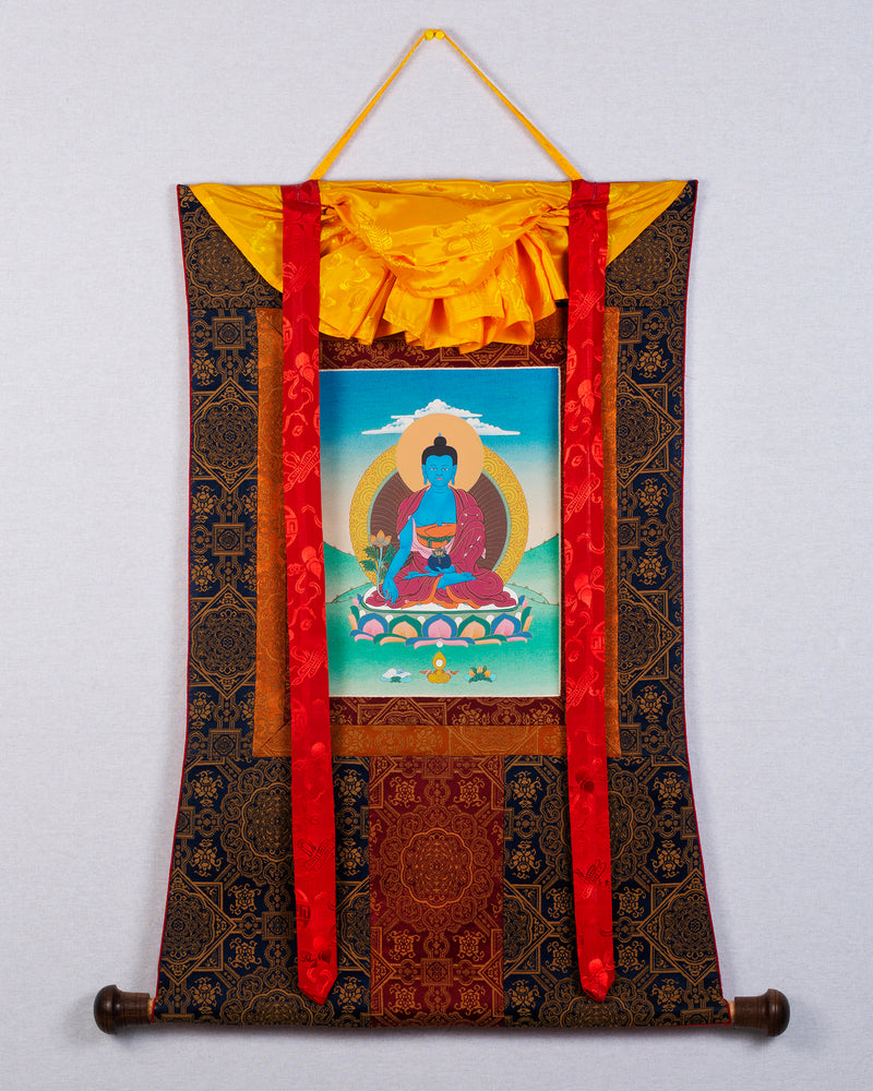 Medicine Buddha Thangka | Himalayan Buddhist Painting (with Brocade)