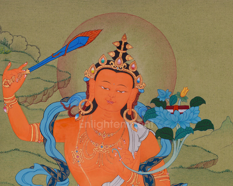 Hand-Painted Manjushri Thangka | Illuminating the Path to Enlightenment