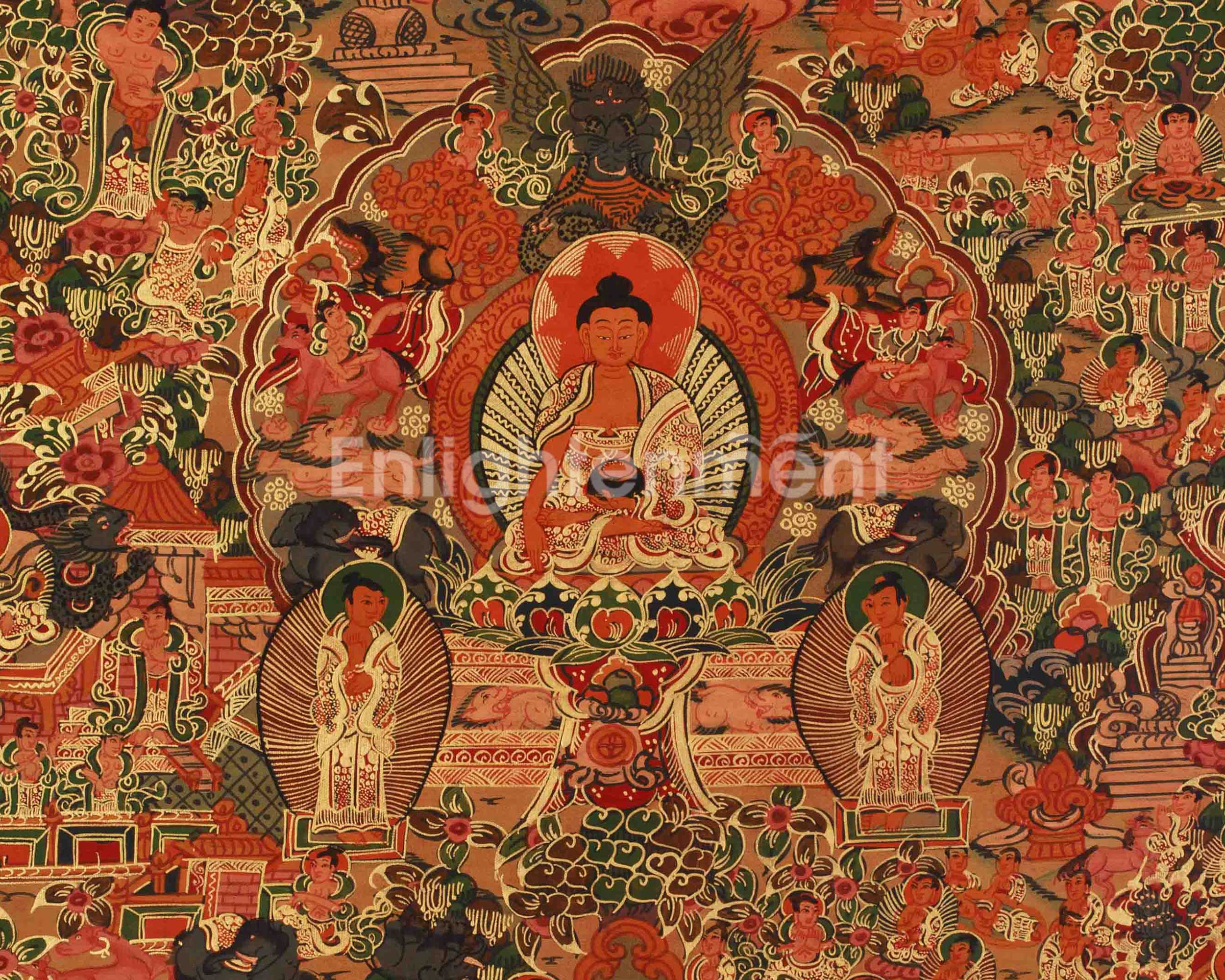 Sacred Buddha Life Story Art | Birth, Enlightenment, and Teaching of Dharma Thangka