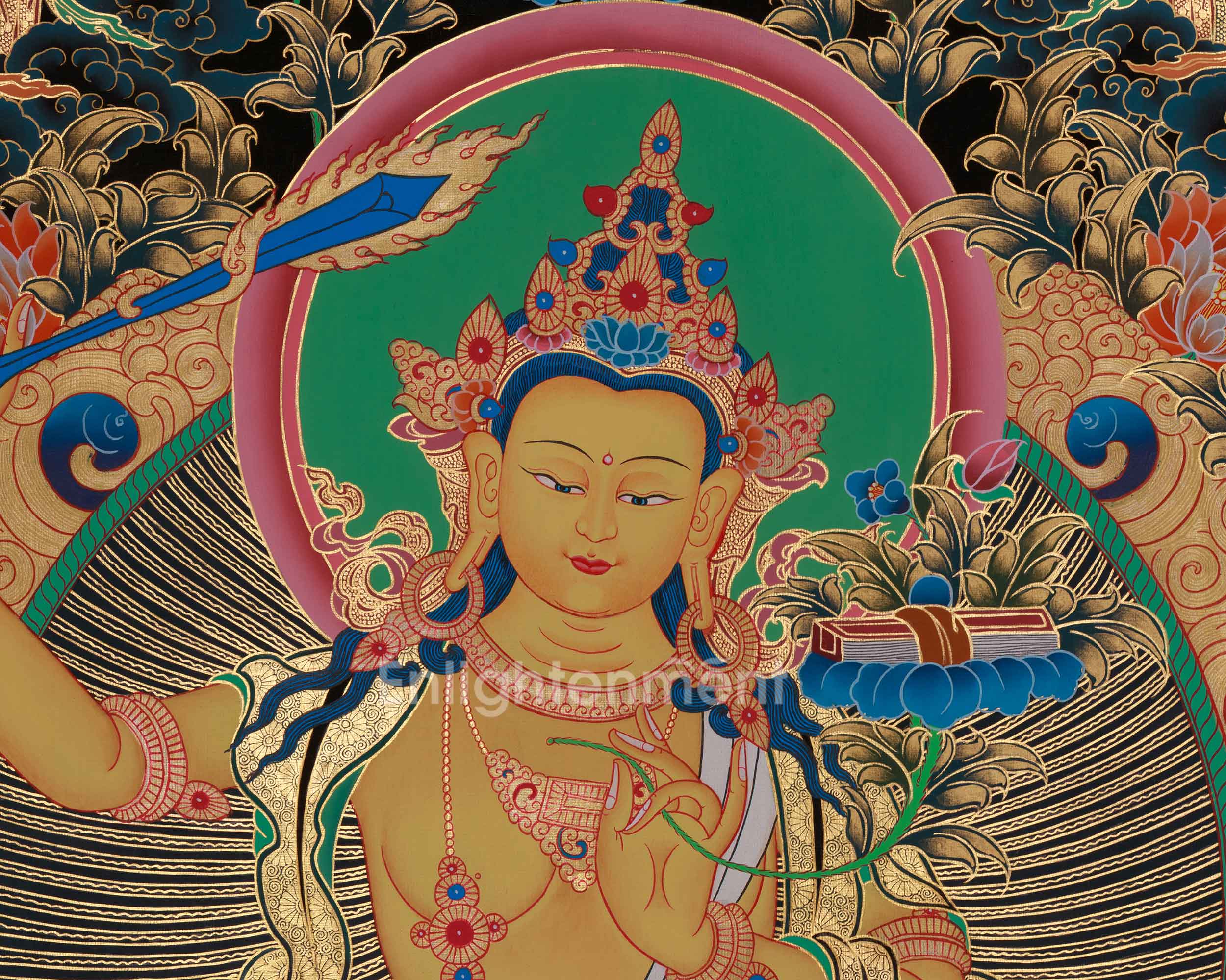 Himalayan Thangka Of Manjushri | Amitabha Buddha, Chenrezig, Vajrapani
