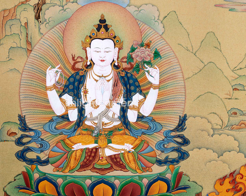 Tibetan Bodhisattvas Thangka | Chenrezig. Manjushri and Vajrapani