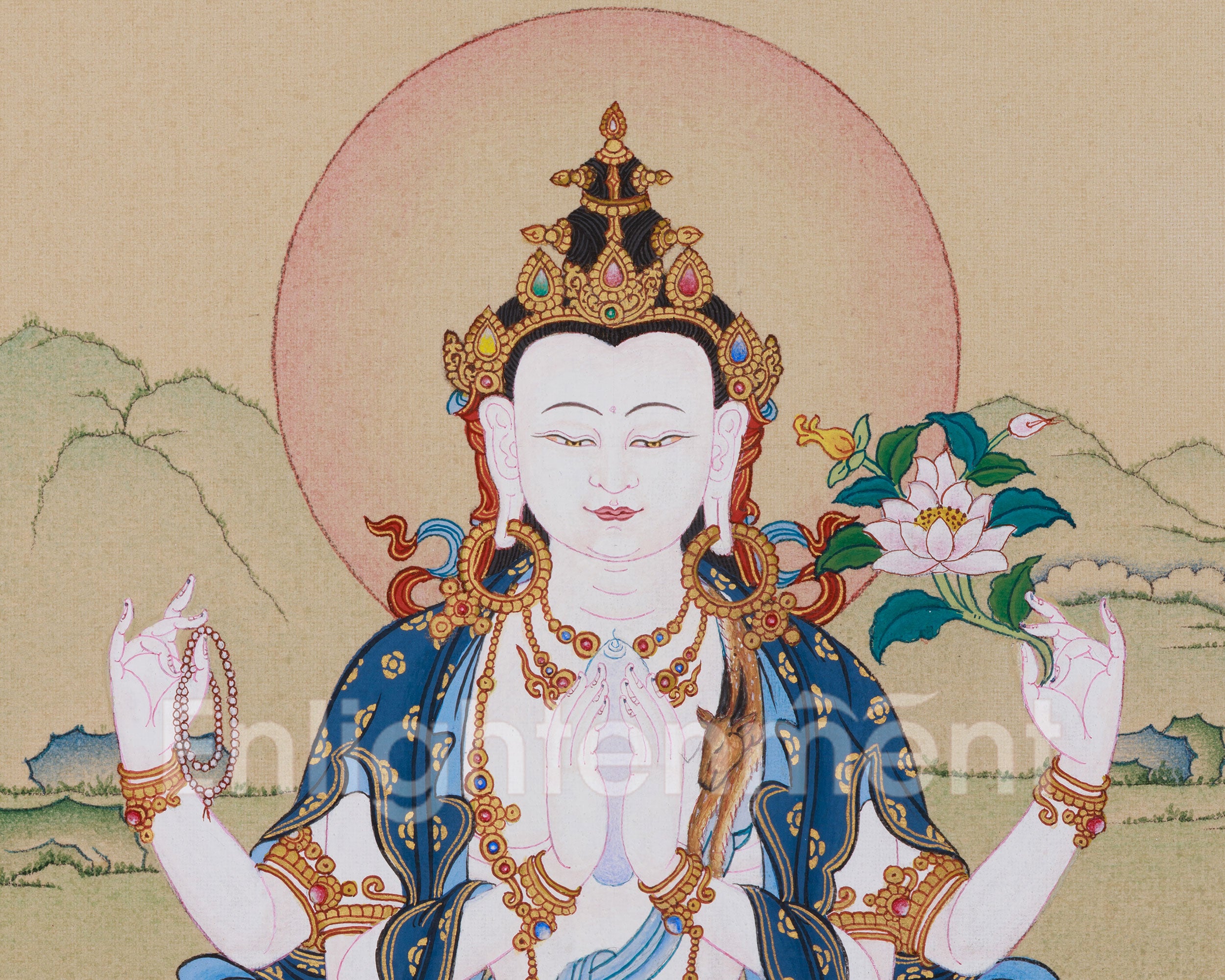 Four-Armed Chenrezig Buddha Thangka | A Symbol of Compassion | Includes Brocade