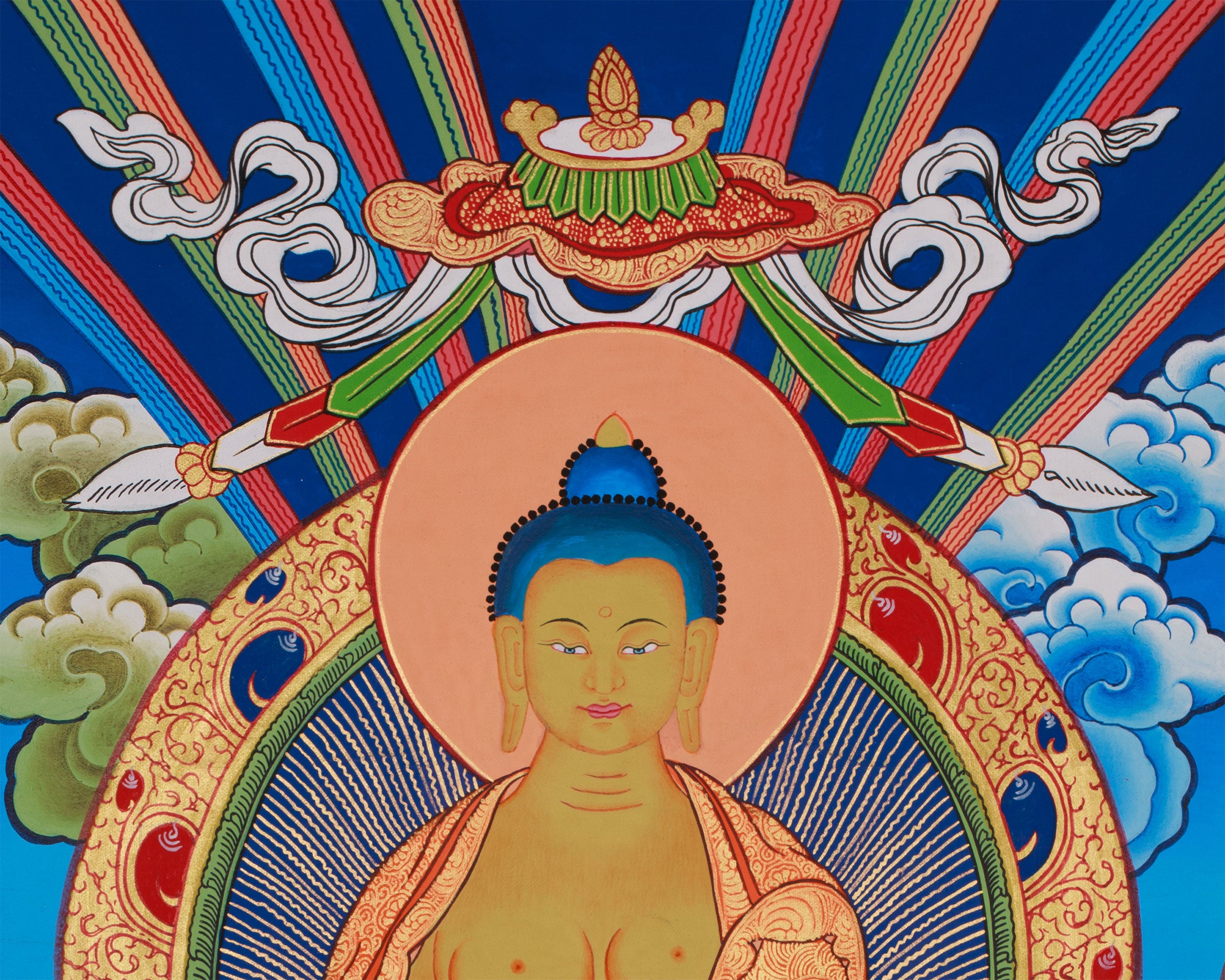 Traditional Buddha Shakyamuni Art | Enlightened One with Guru Rinpoche and Chenrezig