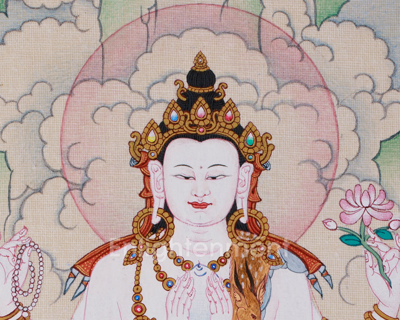 Hand-Painted 4 armed Avalokiteshvara Thangka | Buddhist Art of Compassion and Peace