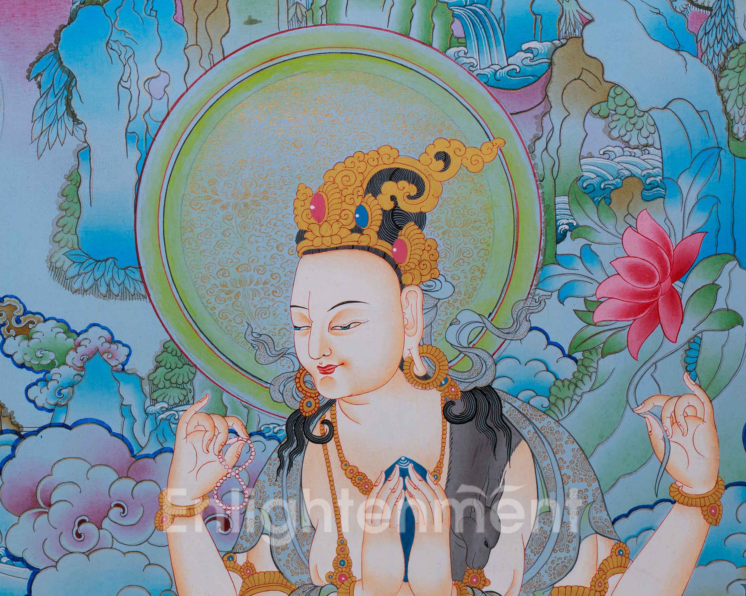 Four Armed Bodhisattva Thangka | Chenrezig Depiction with Manjushri and Vajrapani