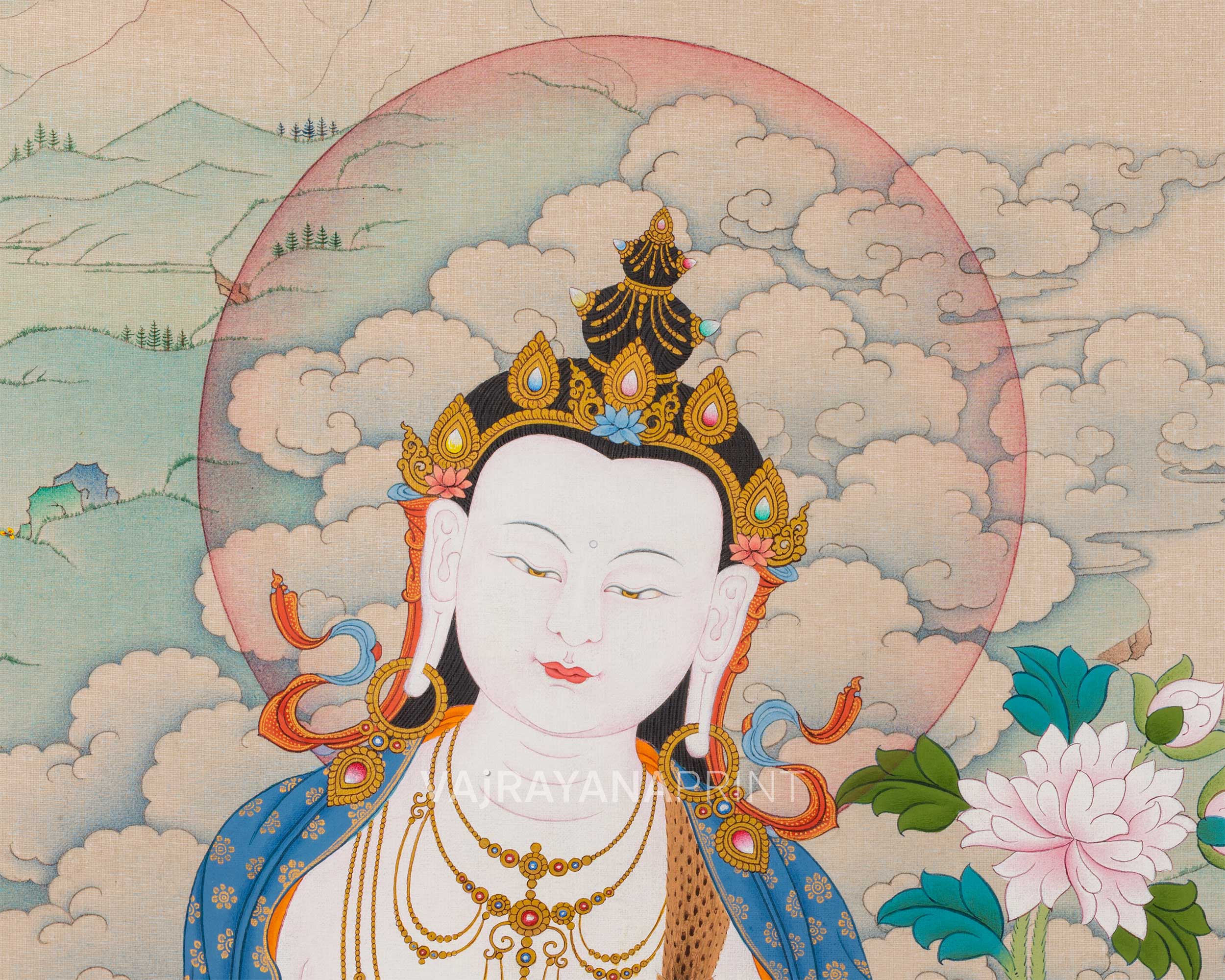 2-Armed Chenresig with Amitabha Buddha Thangka Print | Spiritual Wall Decoration