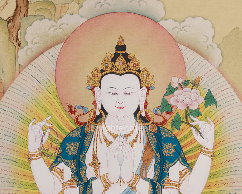 Avalokiteshvara Thangka with Manjushri & Vajrapani: Authentic stone Colors from Tibet