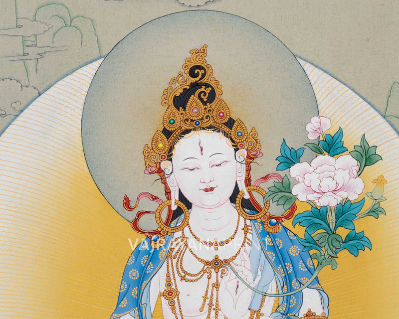 High-Quality Canvas Print of Mother Tara Thangka | White Tara's Deity of Long Life, Health, Healing & Compassion