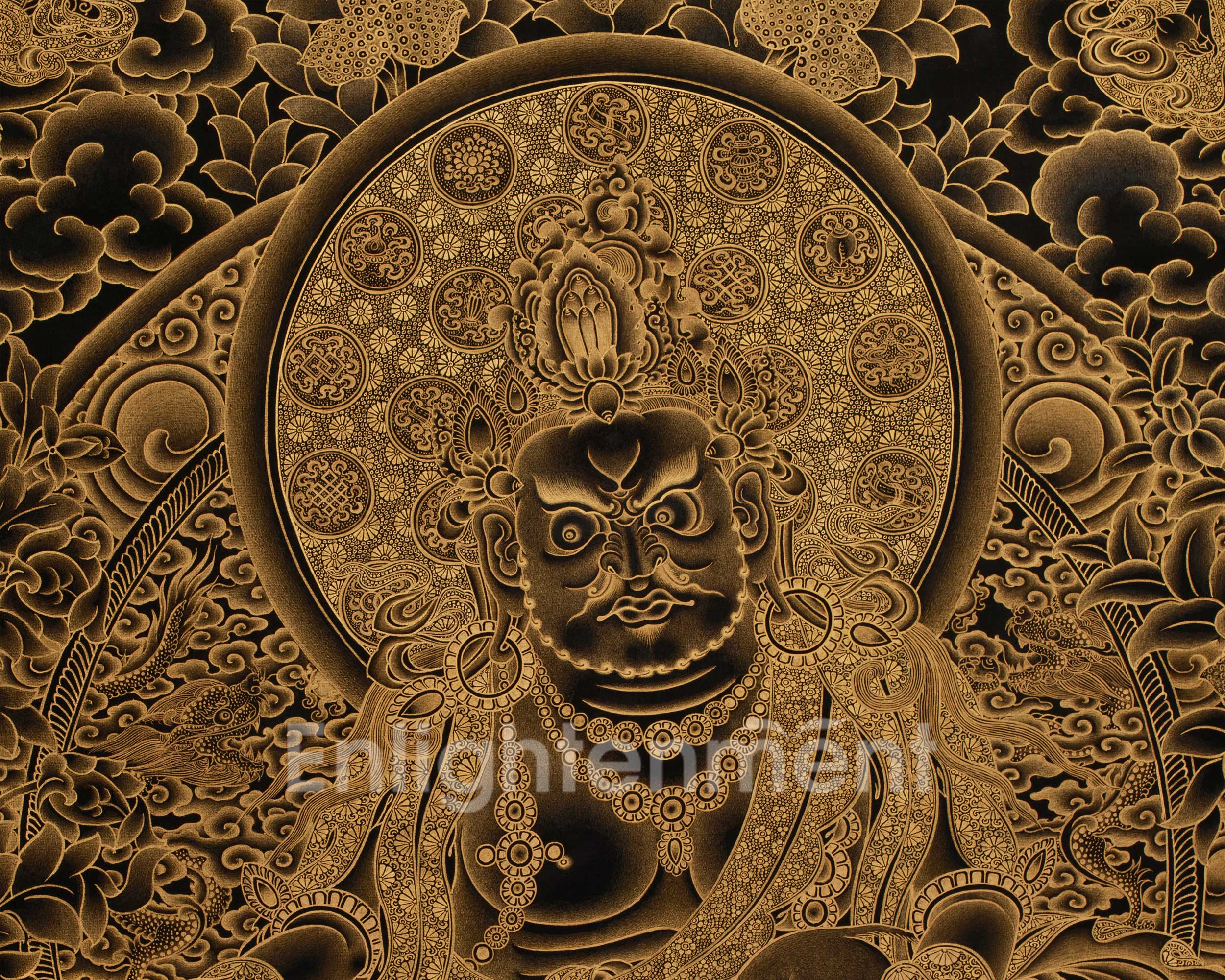 Gold on Black Five Dzambhalas Thangka | Hand-Painted Tibetan Wealth Deities