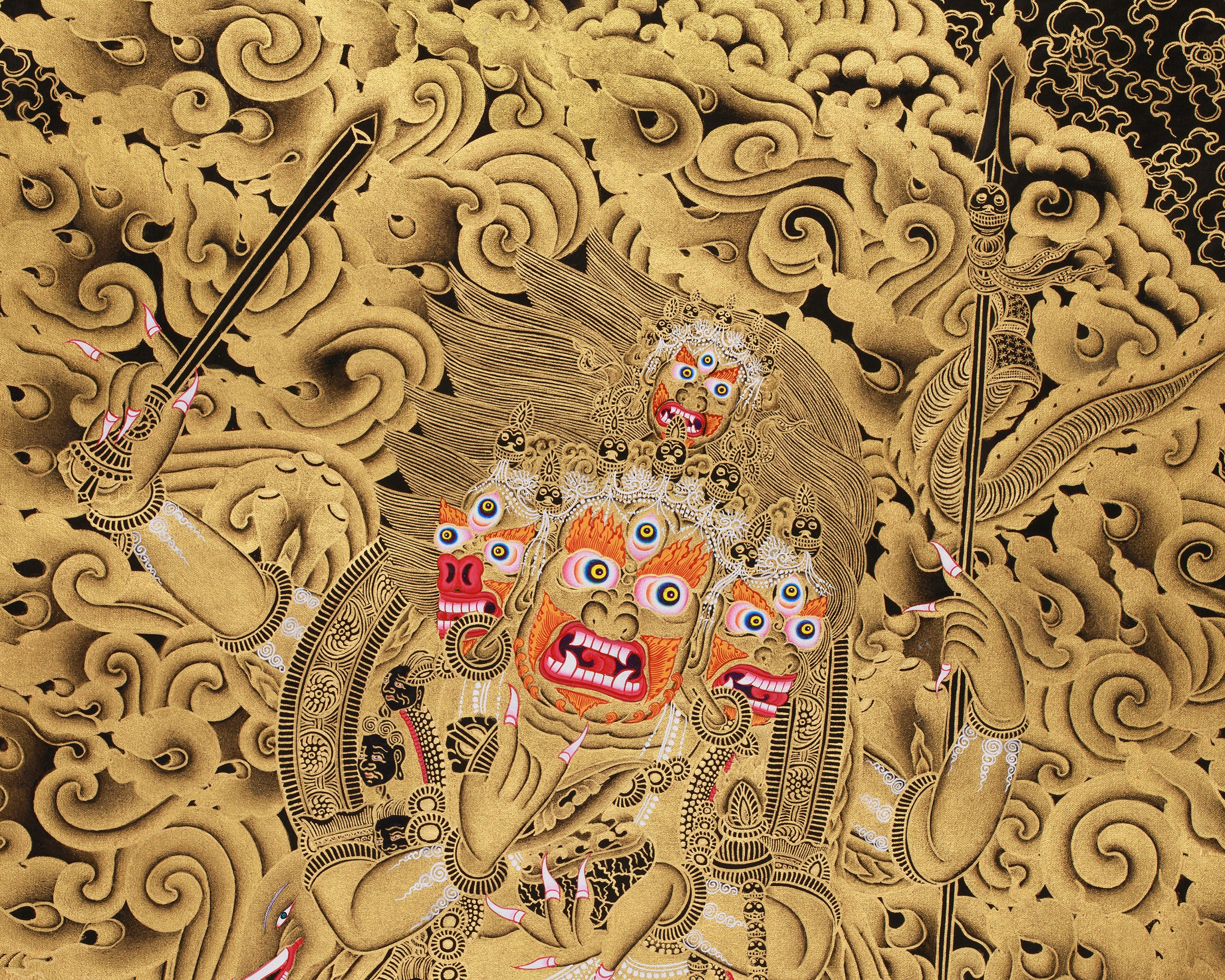 Fierce Protector Mahakala Thangka | Masterful Gold Detail on Black Canvas