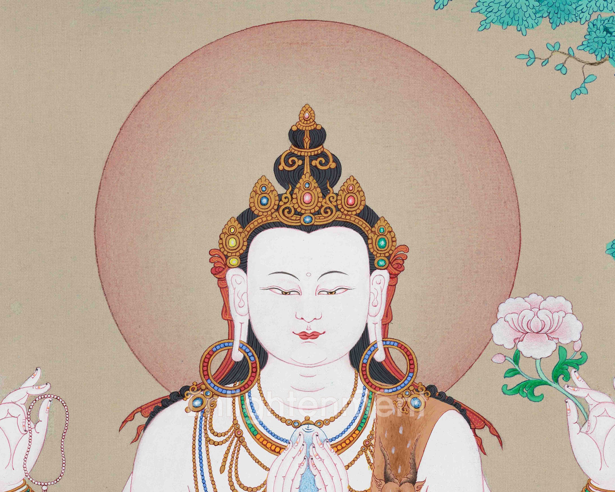 Compassionate Buddha, Chenrezig Thangka | Hand-Painted Karma Gardi Artistry