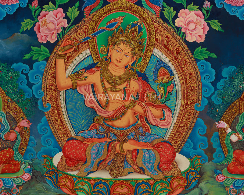 Divine Wisdom Manjushri Thangka Print | 5 Dhyani Buddhas | Bodhisattva Newari Canvas Art