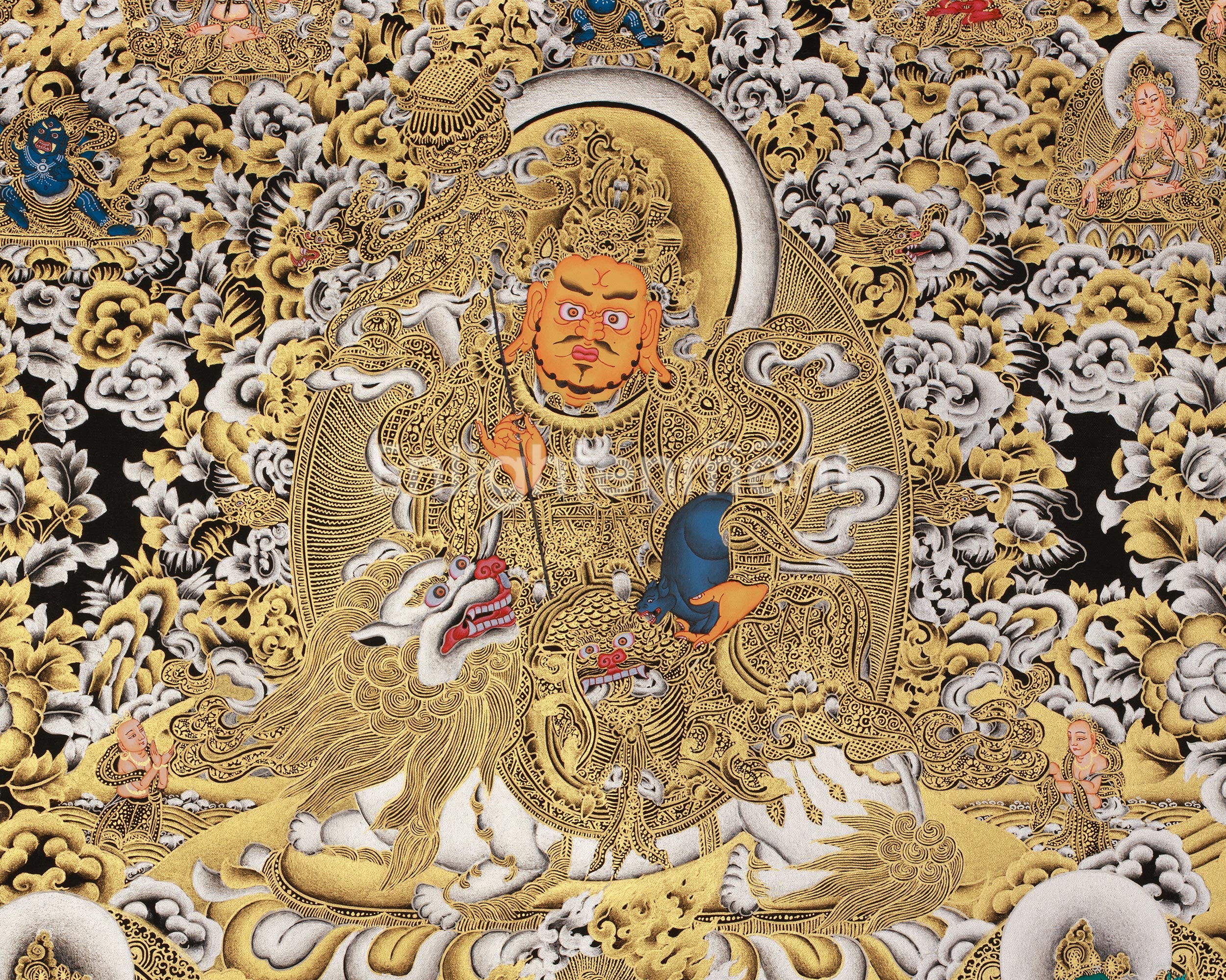 Rare Five Dzambhalas Thangka Masterpiece | Pure Silver & Gold Splendor