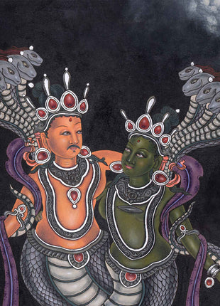Naga Raja and Naga Rani Thangka Print | Hindu Deity Canvas Print | Traditional Wall Decor