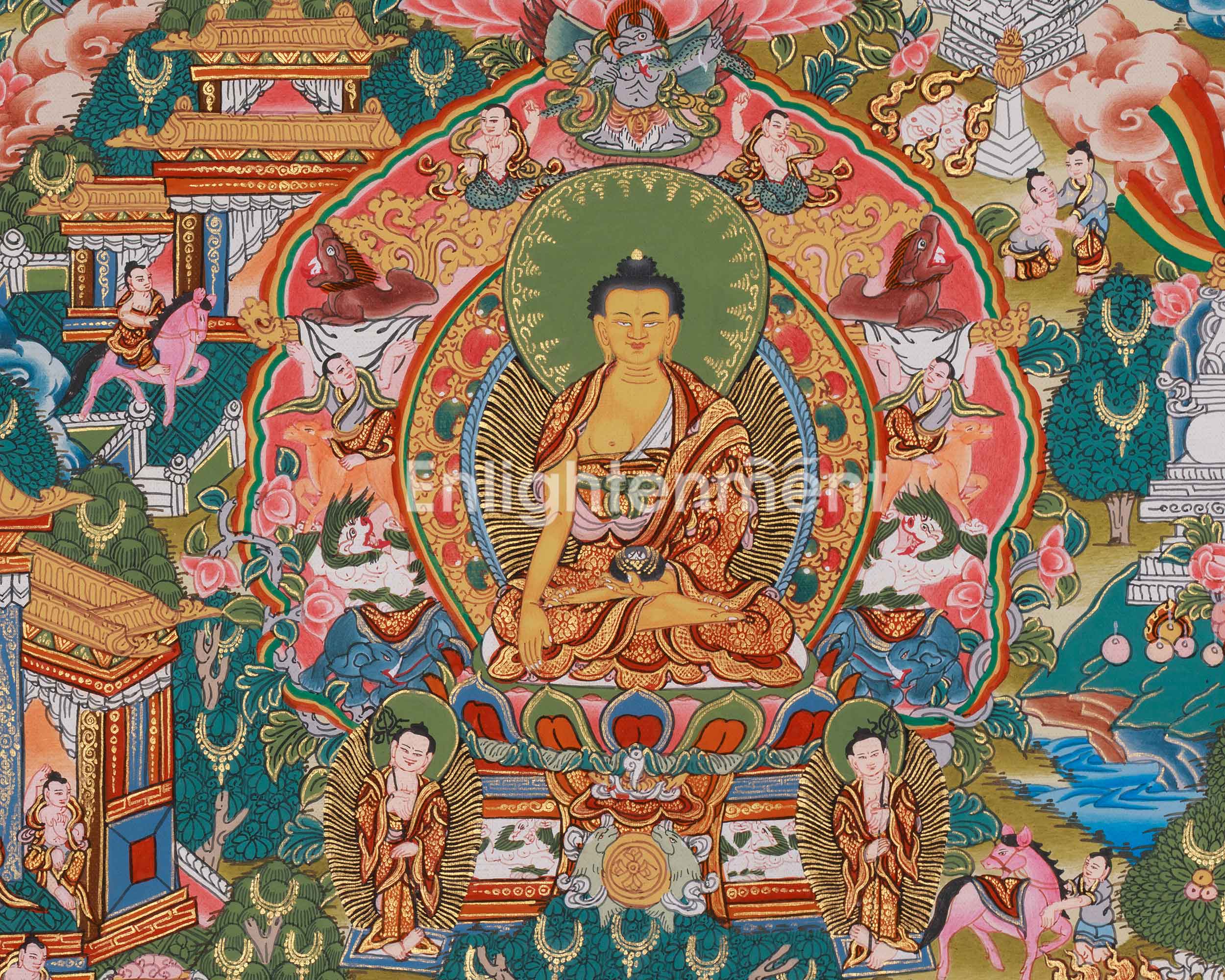 22 Inch Life Story of Buddha Thangka | Shakyamuni’s Enlightenment & Teachings