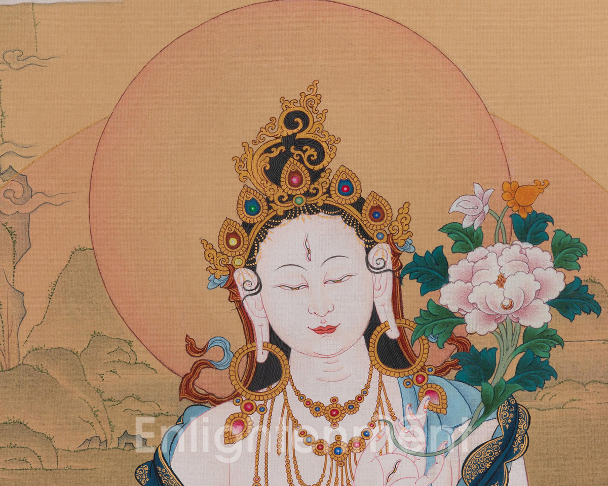 White Tara Goddess Thangka Painting | Drolkar Artwork | Seven Eyes Deity