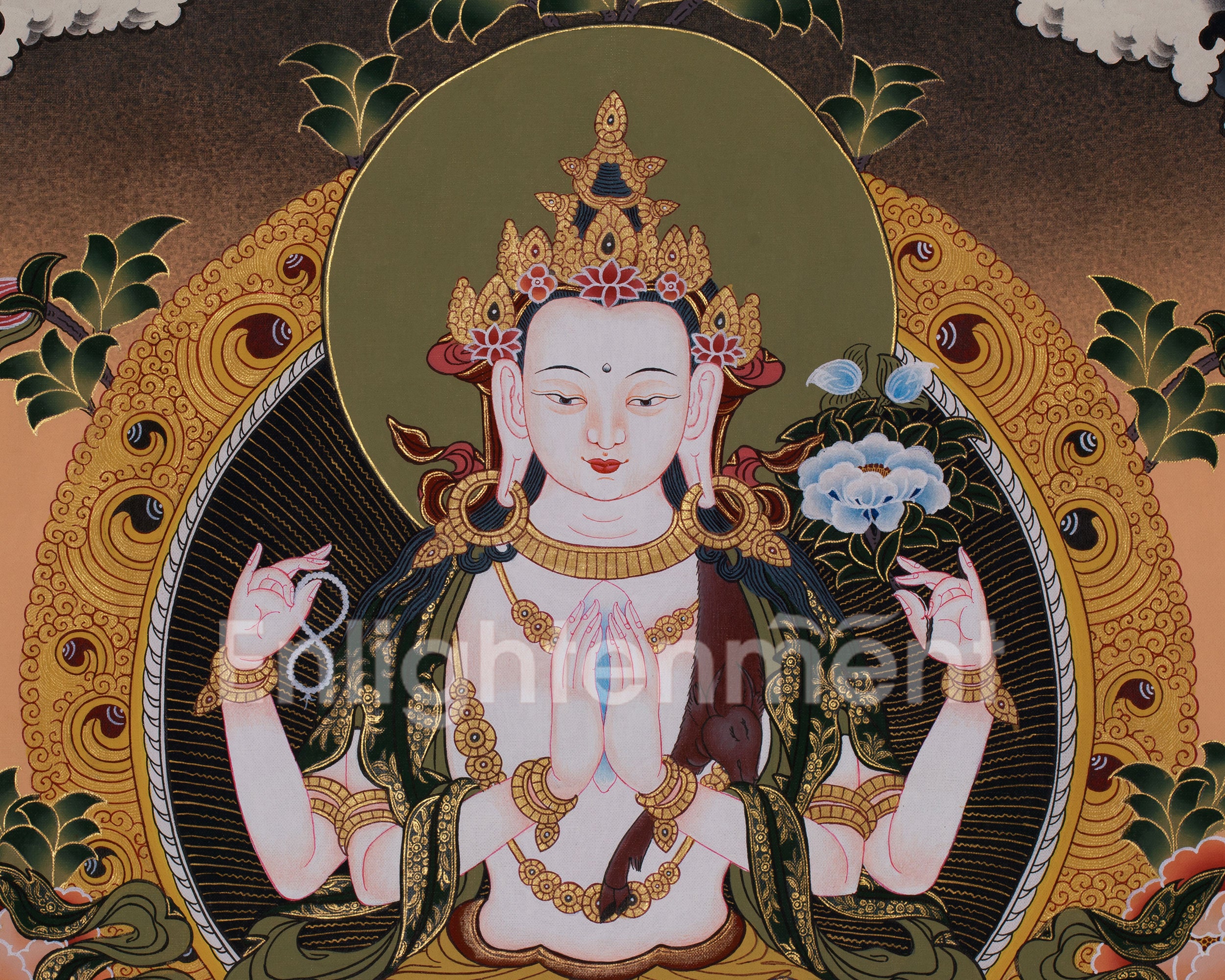 Four Armed Chenrezig with Manjushri and Vajrapani | Tibetan Bodhisattva Art