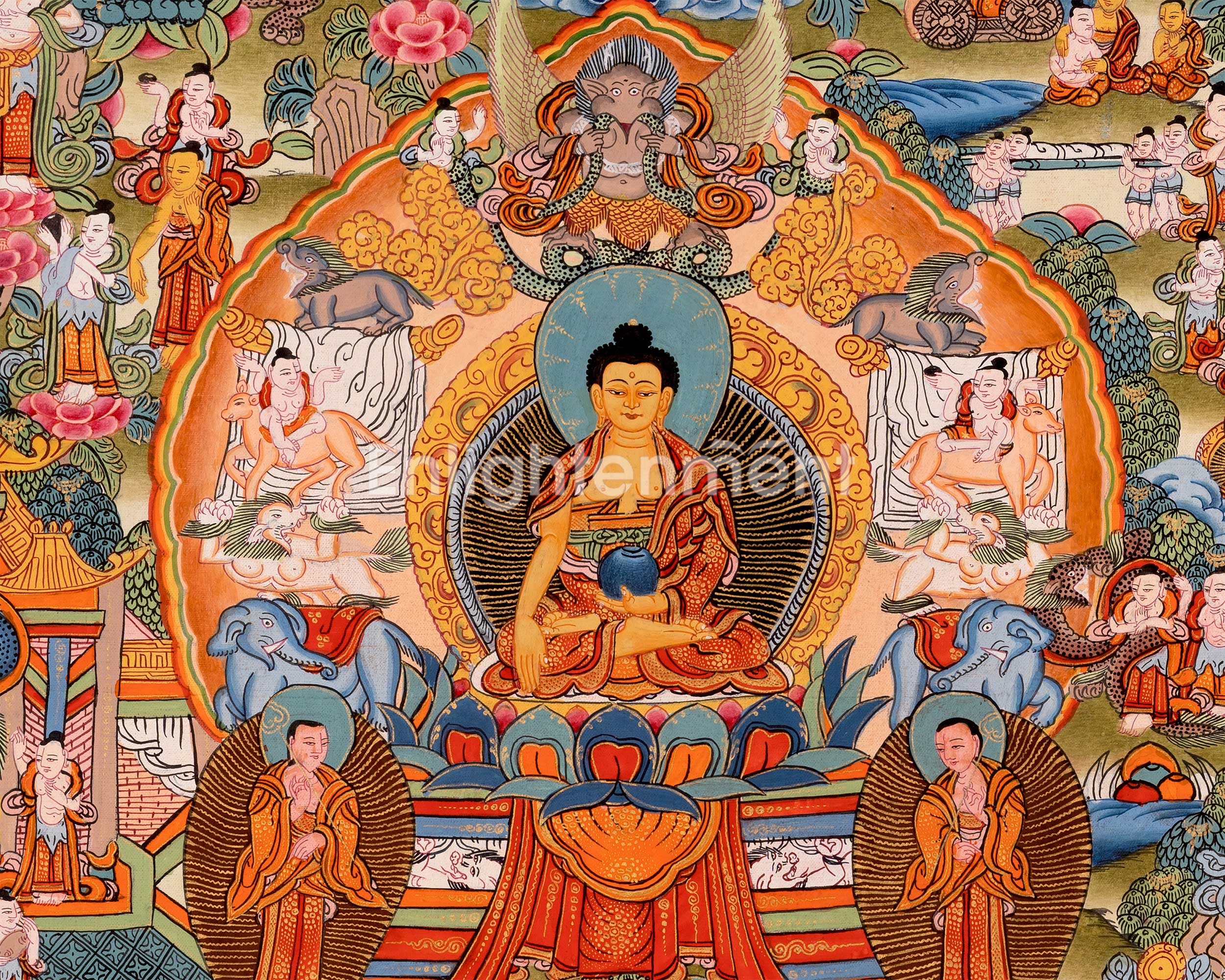 The Life Story of Shakyamuni Buddha Thangka | Journey From Birth to Enlightenment