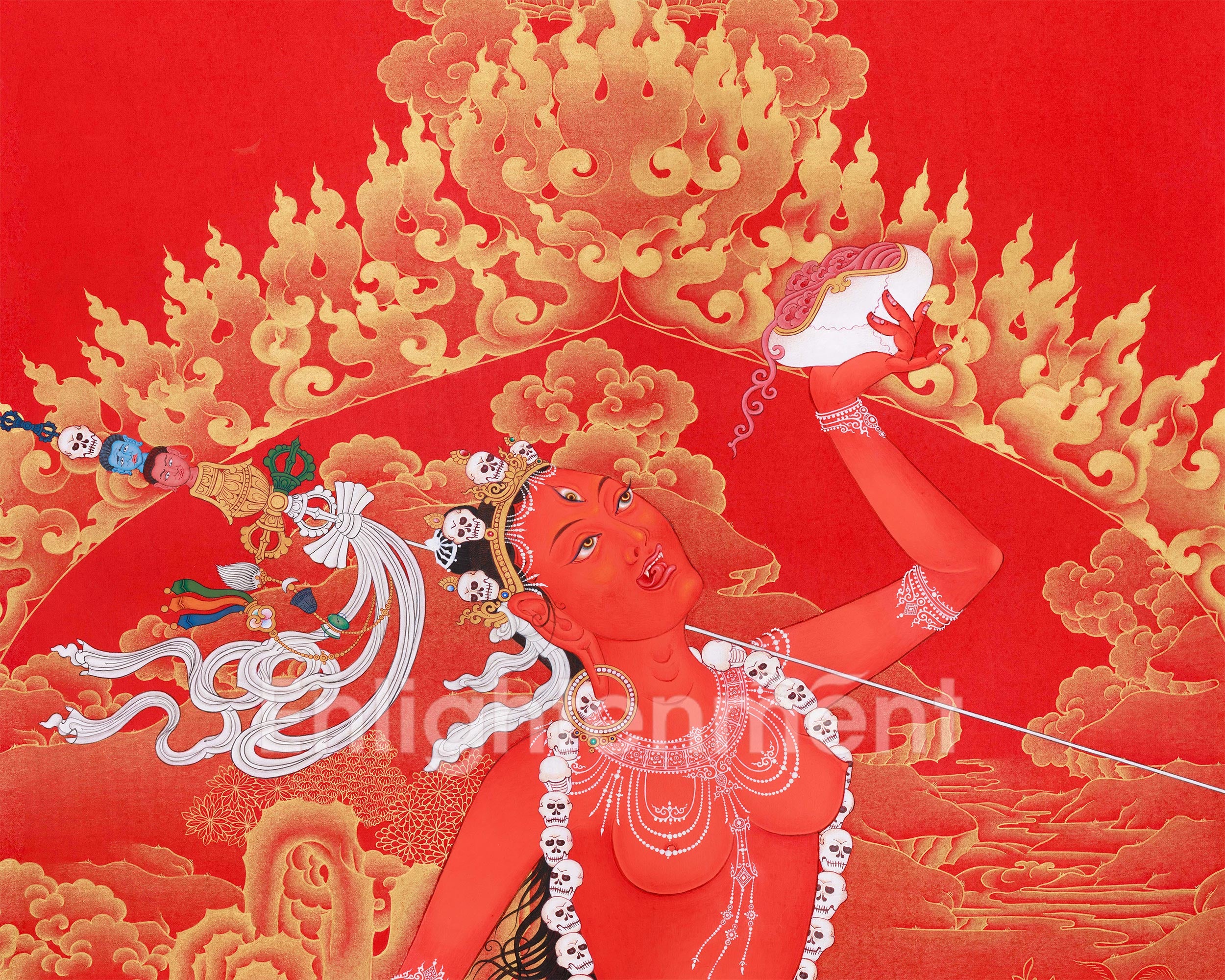 Queen of Dakinis, Vajrayogini | Exclusive Large Thangka in Nakthang (Gold on Red) Style