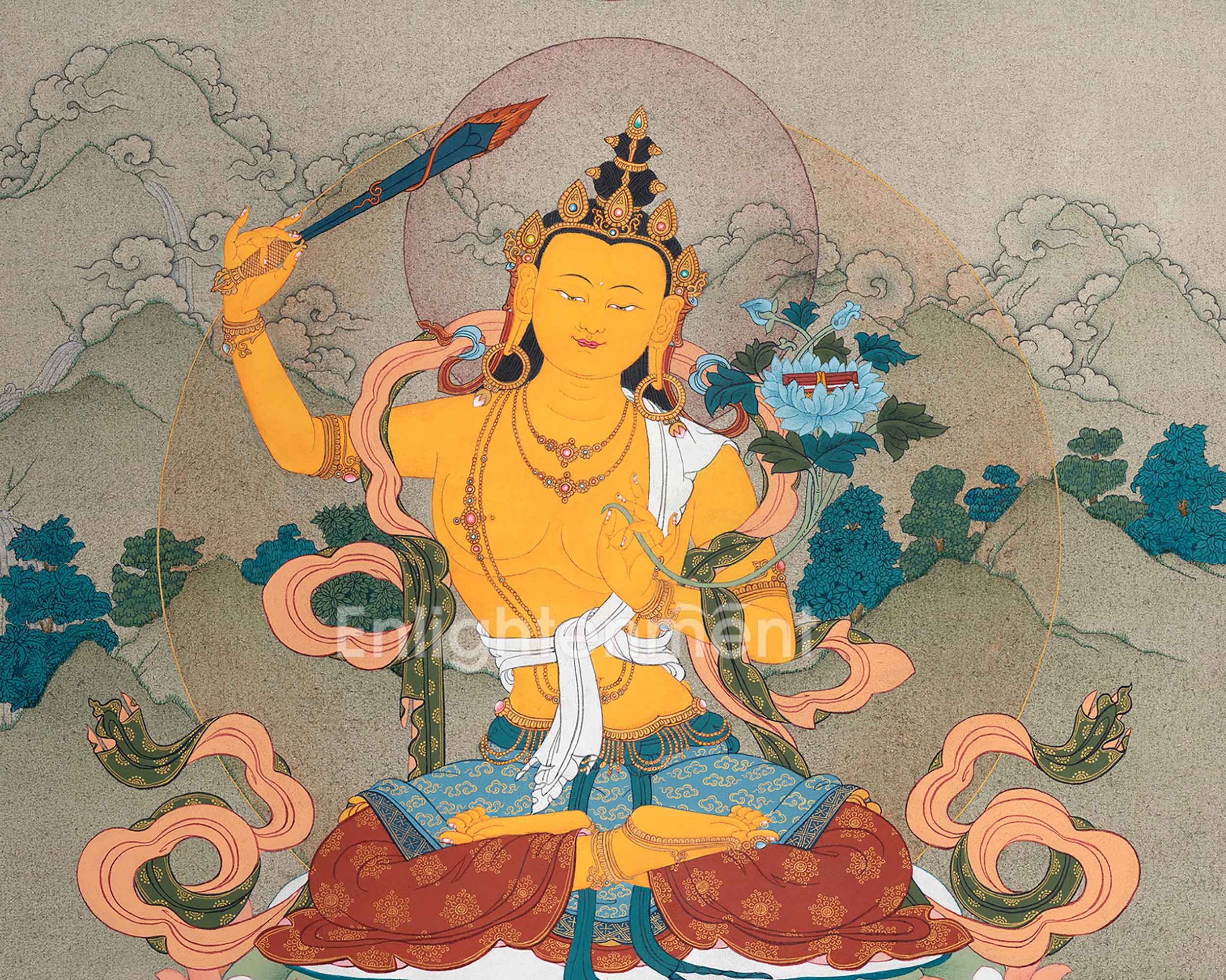 Tibetan Buddhism Manjushree Artwork | Hand Painted Sacred Thangka Painting