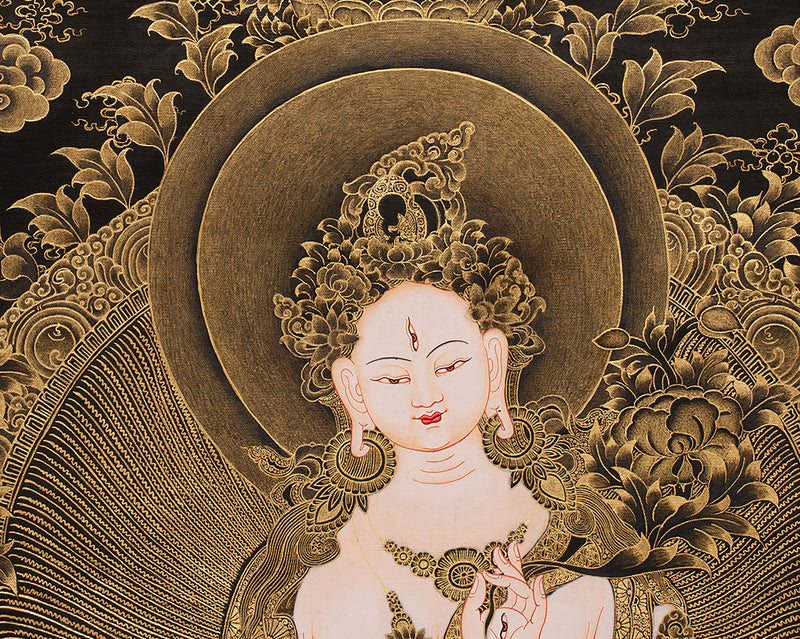 Golden Glow White Tara Female Buddha Thangka | A Testament to Spiritual Grandeur