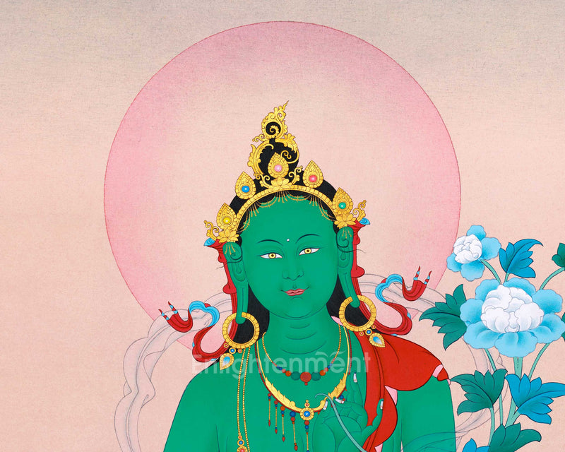 Elegant Green Tara Thangka: Minimalistic Masterpiece