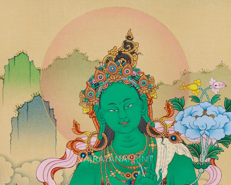 Green Tara Divine Tapestry Thangka Print | Spiritual Elegance for Your Space