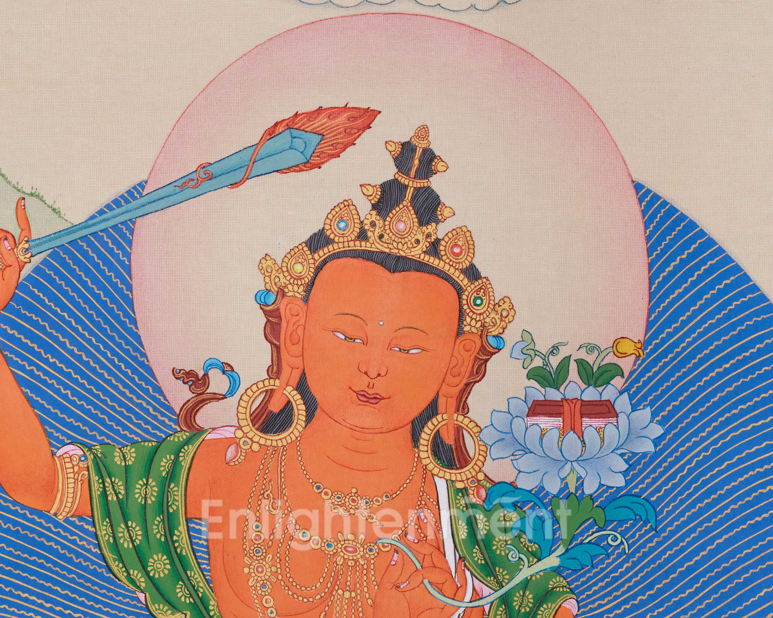 Sacred Manjushri, White Tara, and Dzambhala Thangka | Knowledge, Protection, and Prosperity