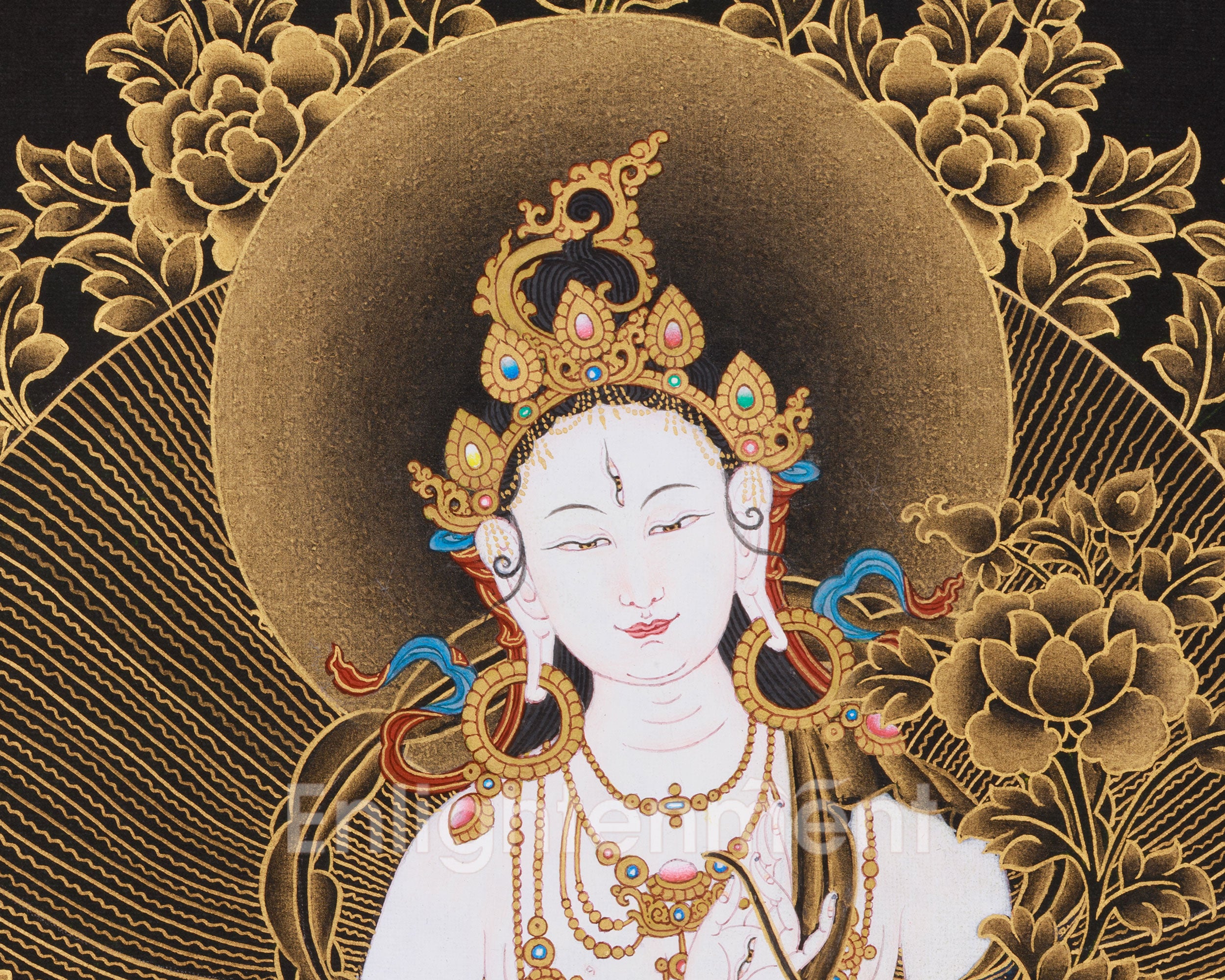Tibetan White Tara Goddess | Thangka Art of Compassion and Grace