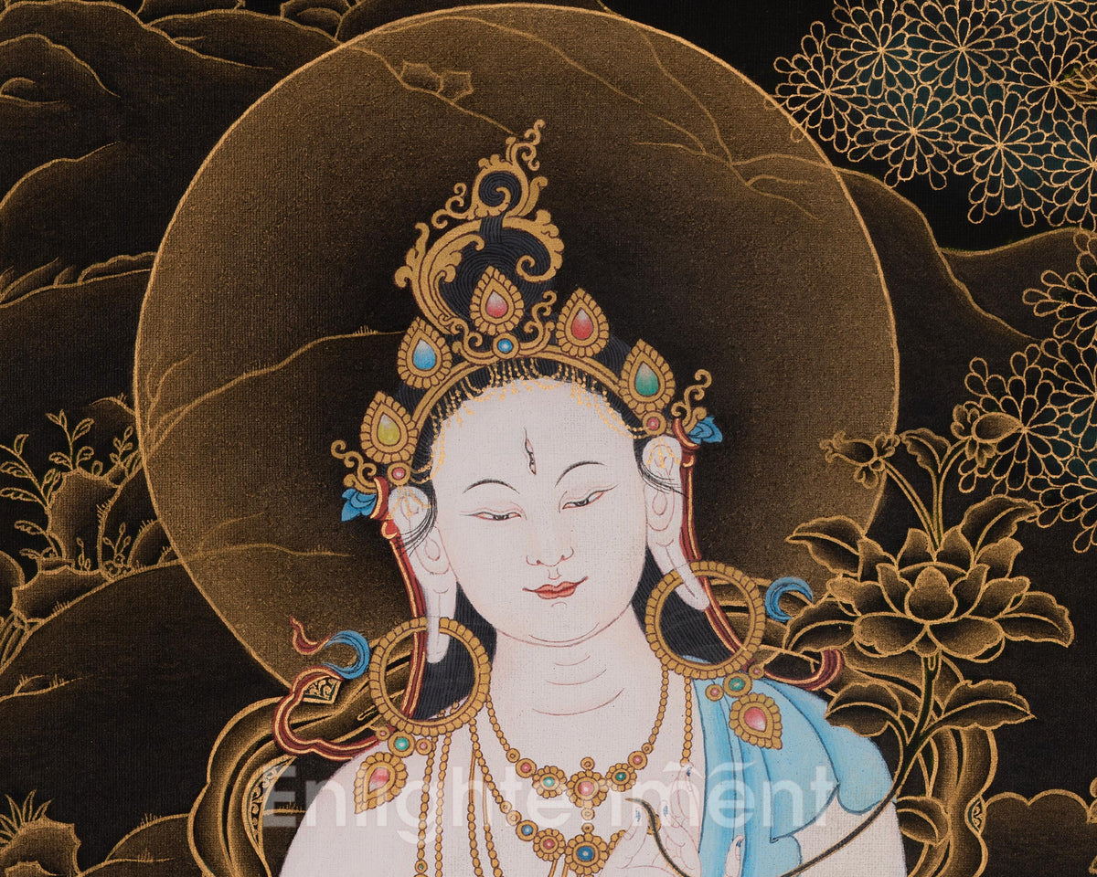 White Tara Gold on Black Thangka | Traditional Nakthang Artwork | Sita Tara