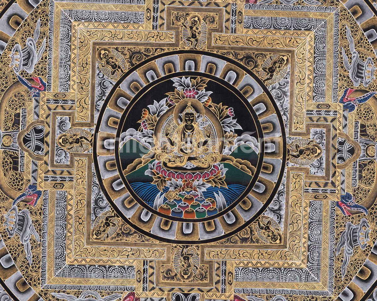 Original Hand Painted Black And Gold Style Chengrezig Mandala Thangka | Tibetan Buddhist Meditation And Yoga Art |