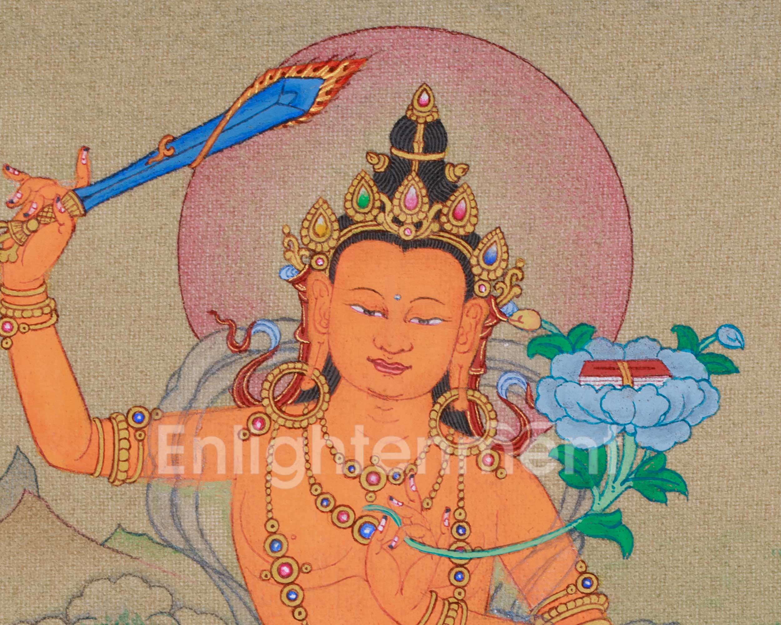 Small 23cm Manjushri Thangka | Bodhisattva of Insight and Knowledge