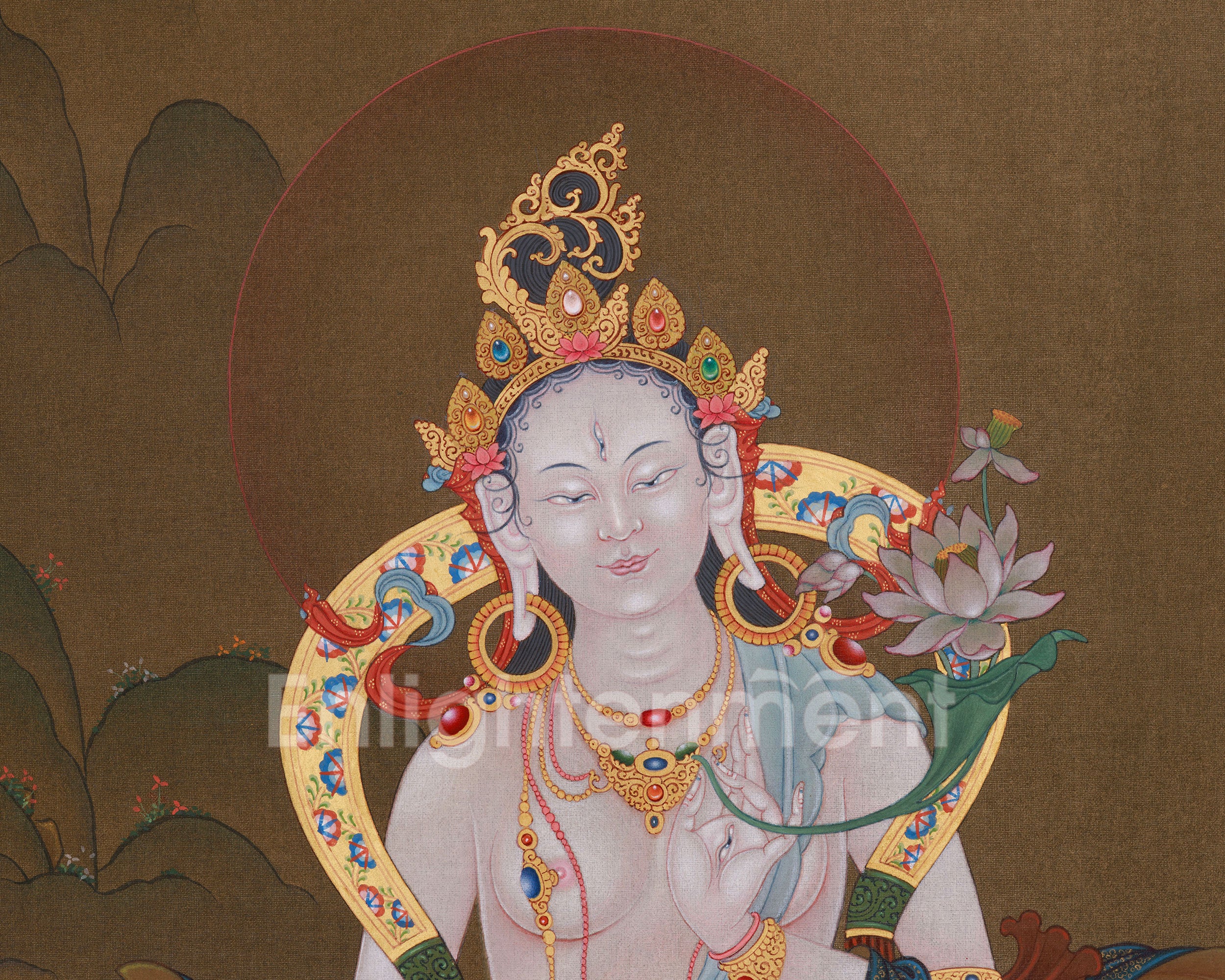 White Tara Featuring Amitayus and Namgyalma Thangka | Premium Hand-Painted Art