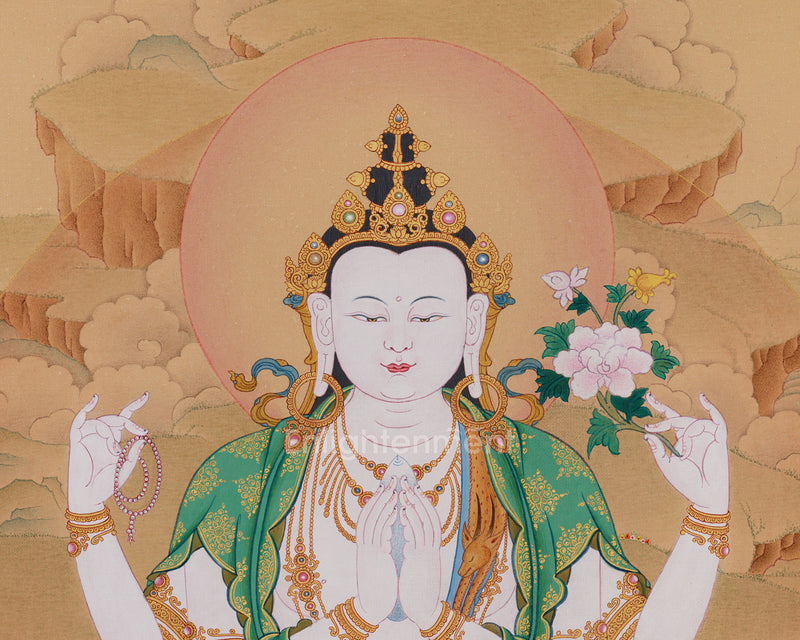 Sumptuous Compassionate Buddha Thangka - Four-Armed Chenresig with Lhasa Stone Enrichment