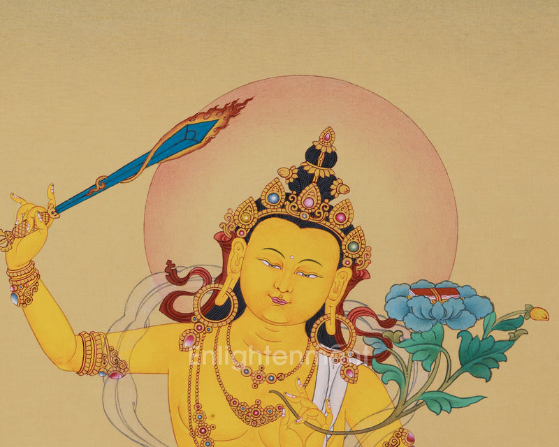 Zen-Inspired Manjushri Thangka: Masterpiece in Lhasa Stone Colors