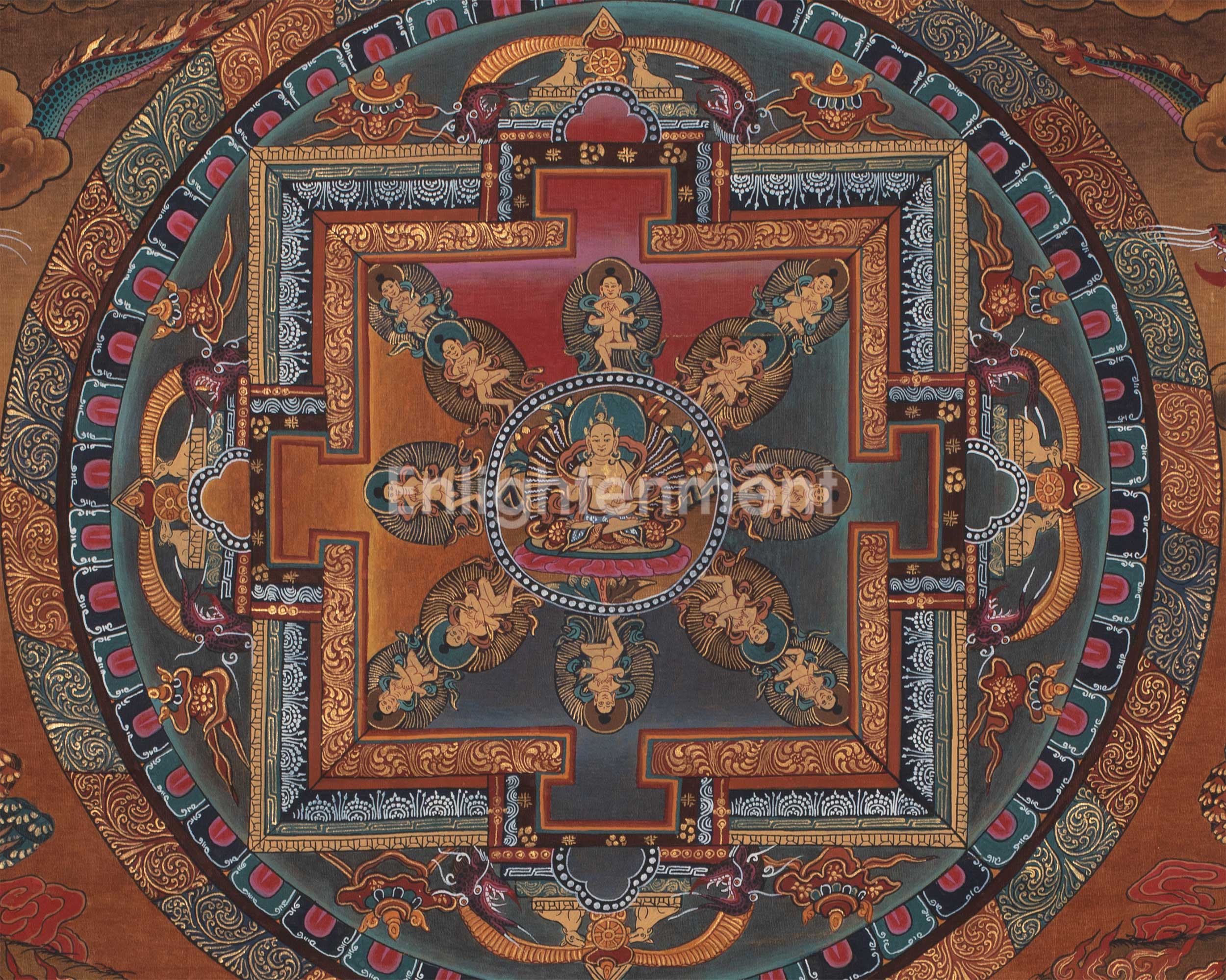 Vintage Mandala with Guhyasamaja , Chakrasamvara and Mahakalas | Thangka with Brocade