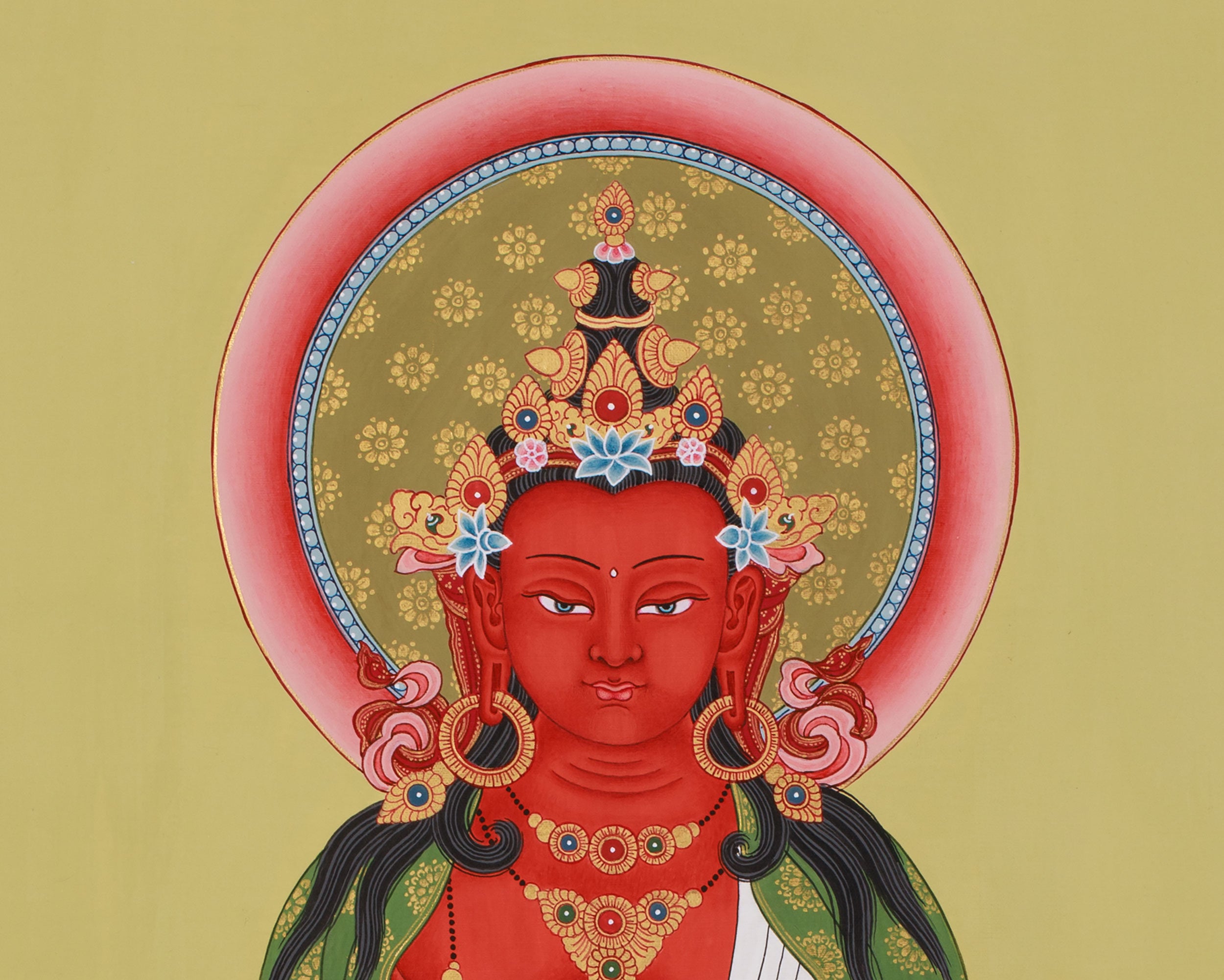24-Inch Amitayus Buddha Thangka | Hand-Painted Red Buddha on Cotton Canvas