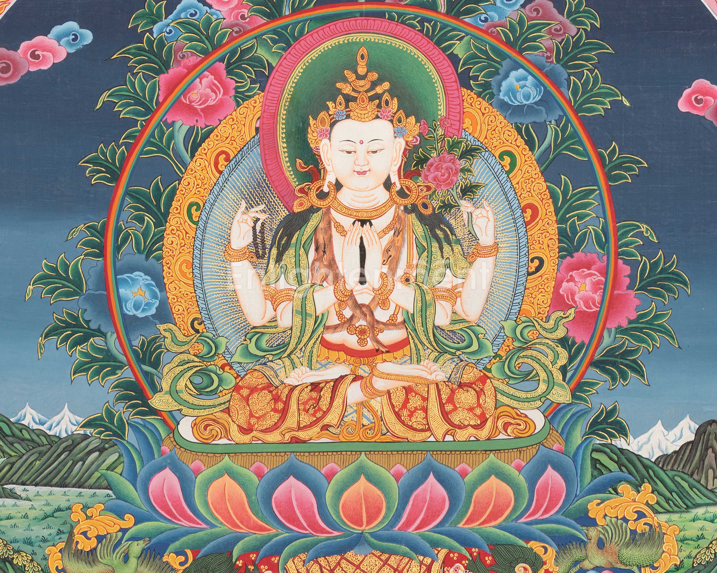 4 Armed Chengrezig Thangka | Buddhist Newari Art Style from Kathmandu Nepal