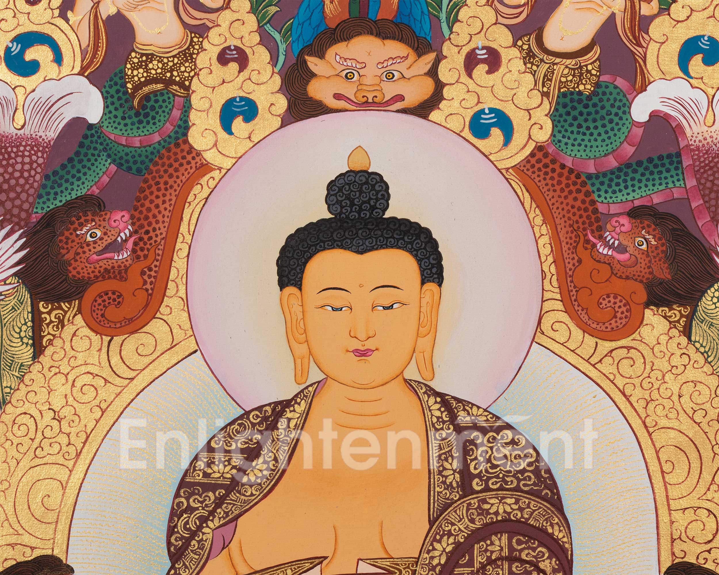 Enlightened One, Shakyamuni Buddha in Celestial Throne | Timeless Thangka Painting