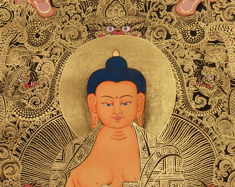 Opulent Gold Thangka of Historical Shakyamuni Buddha | The Awakened One in Elaborate Gold Throne