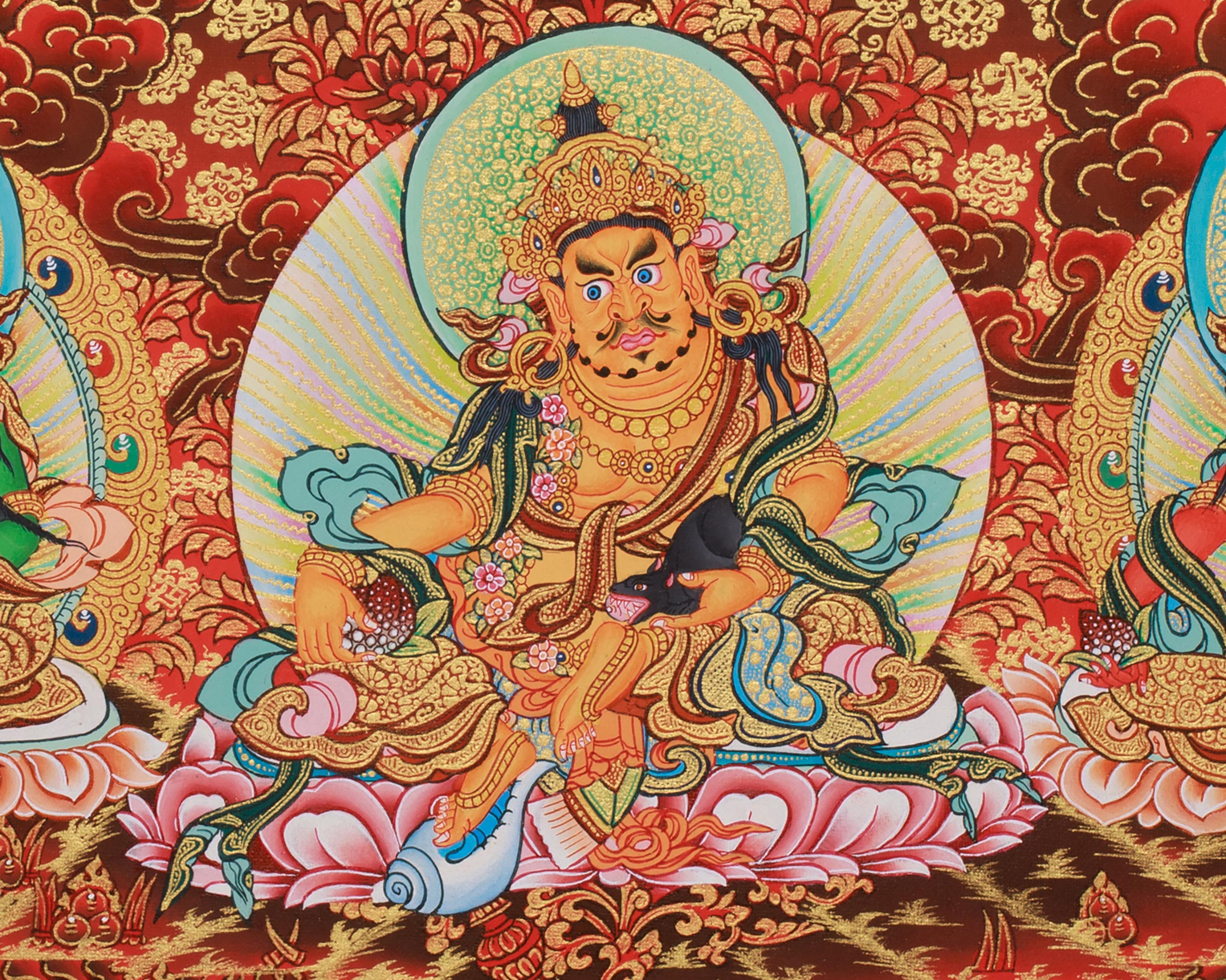 Buddhist Wealth Deities Manifestation | Gold Thangka of the Five Dzambhalas