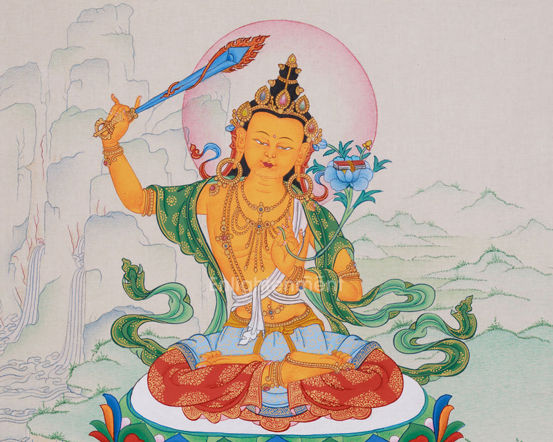 Bodhisattva of Wisdom, Manjushri Thangka | Small Canvas Artwork