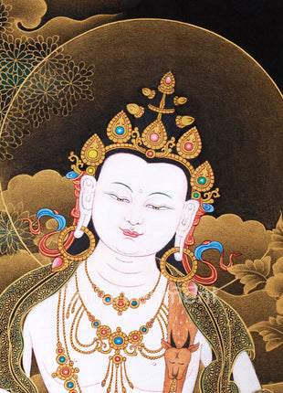 Side Chenrezig Thangka | Gold on Black Buddhist Art