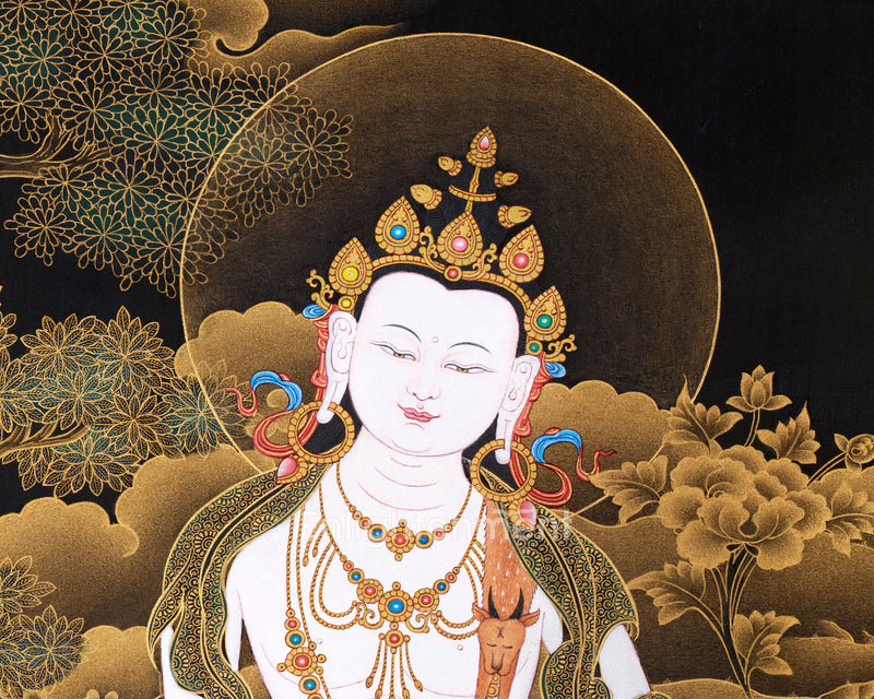 Side Chenrezig Thangka | Gold on Black Buddhist Art