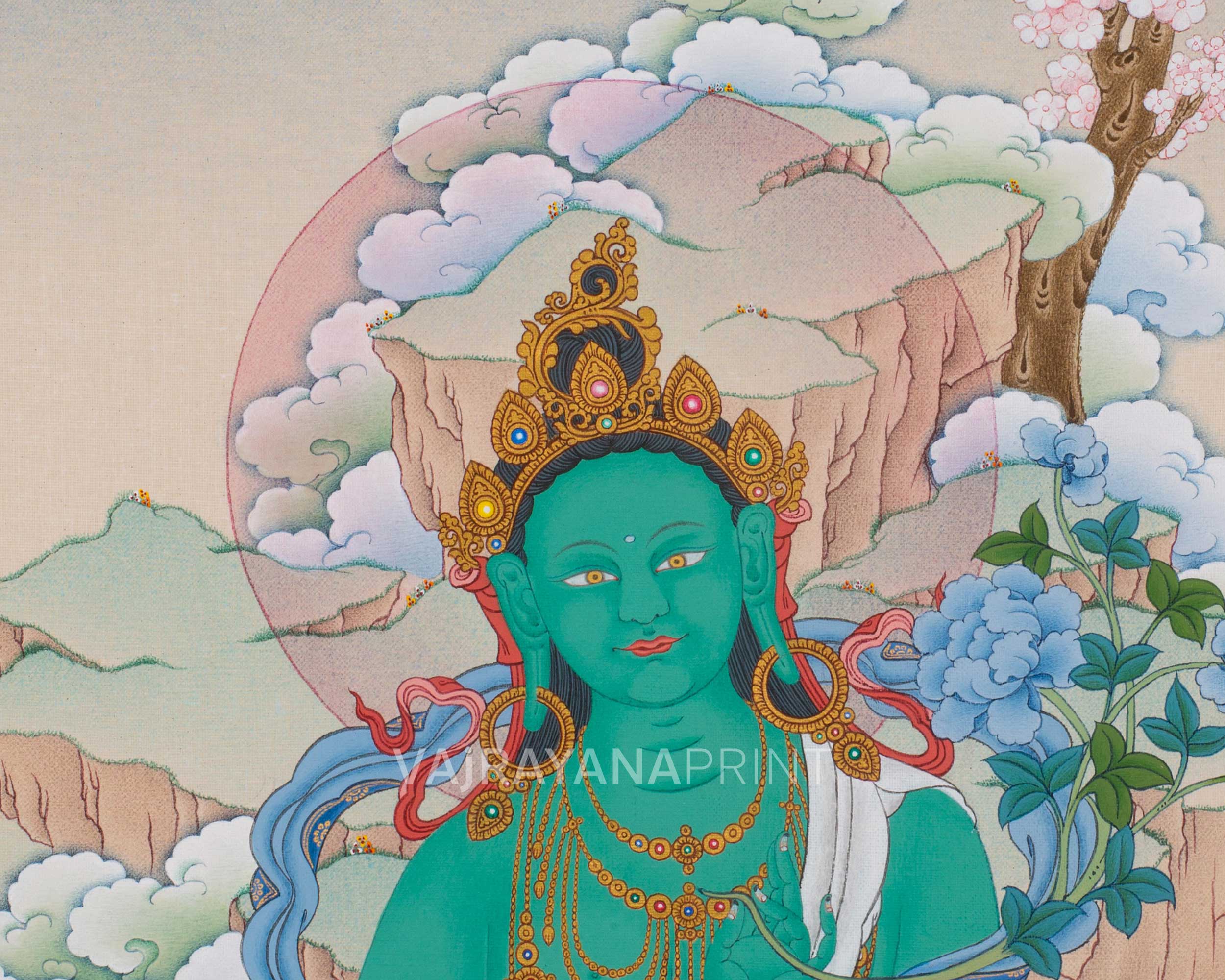 High-Quality Green Tara Thangka Print | Mother Green Tara Giclee Art | Traditional Buddhist Craft